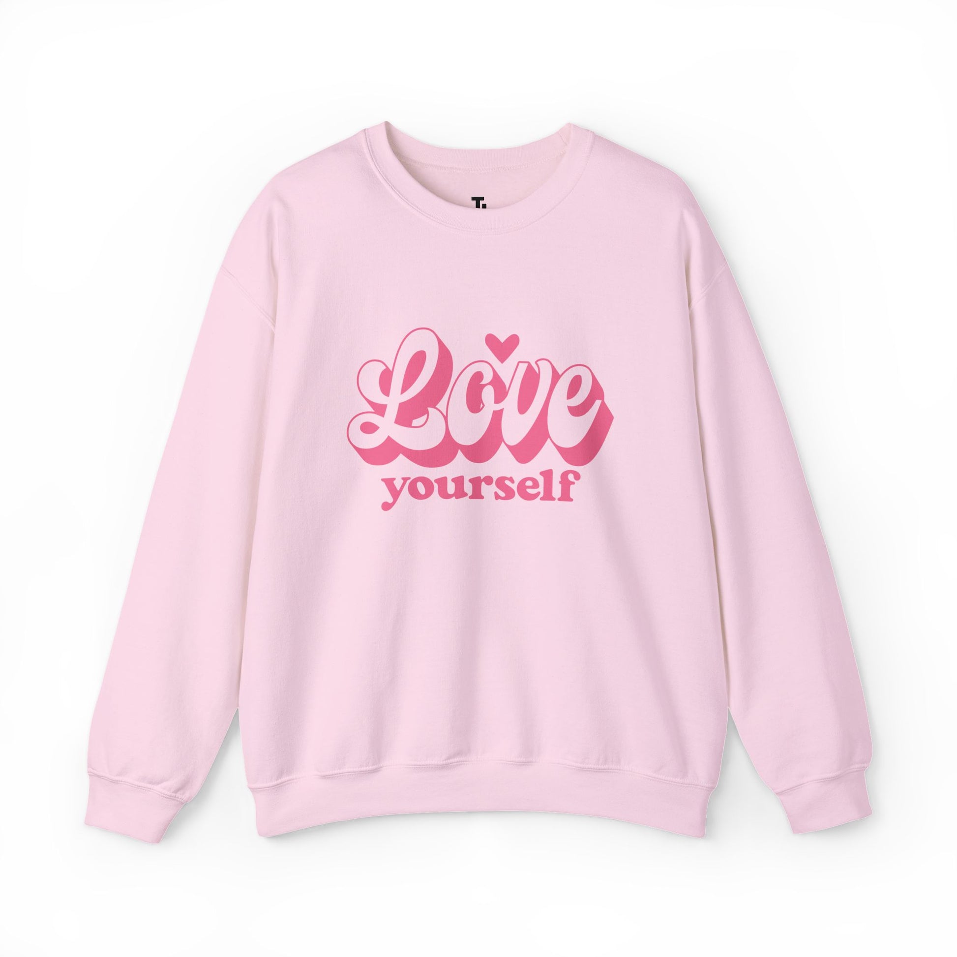 Pink sweatshirt with 'Love yourself' text on a white background