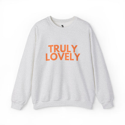 Gray sweatshirt with 'TRULY LOVELY' text in orange on a white background